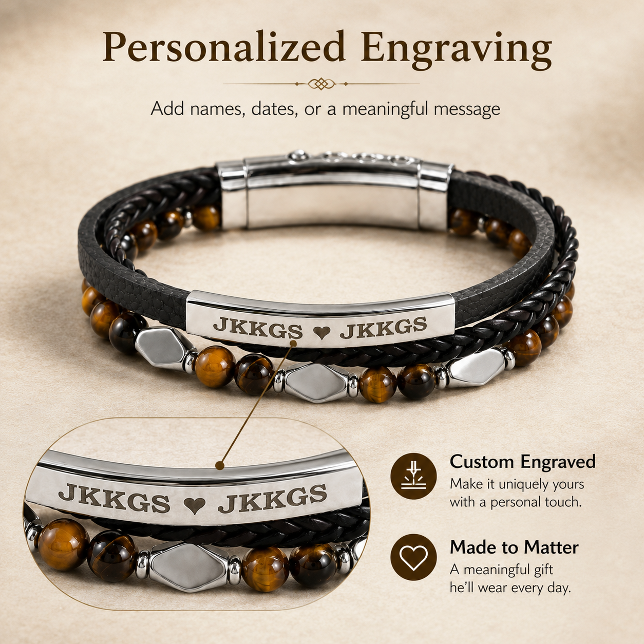 To My Grandson Engraved Stone Bead Bracelet