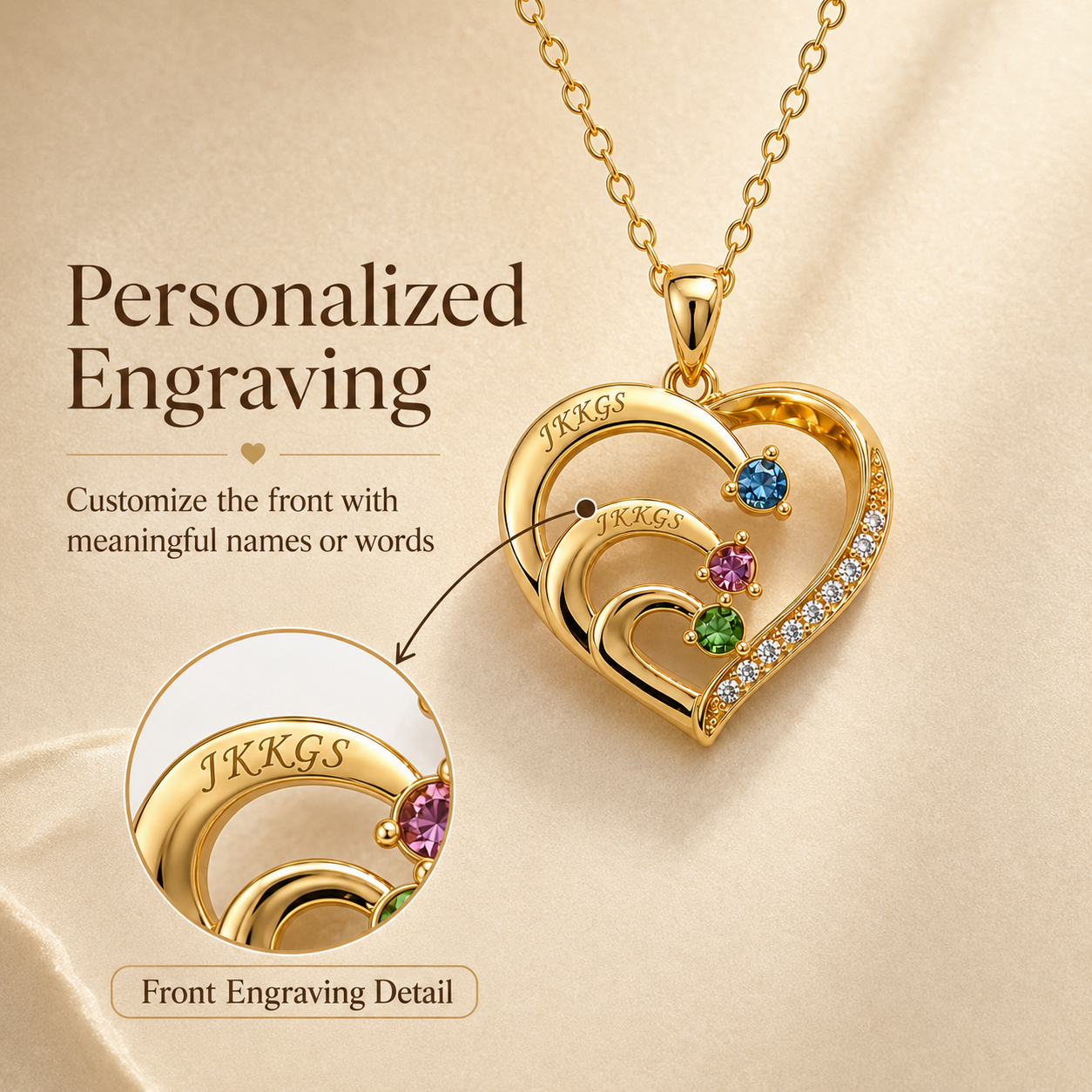 To My Grandma Three-Stone Family Heart Necklace