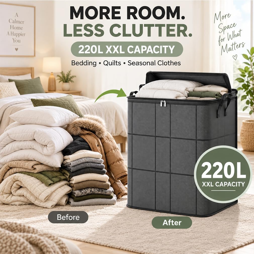 220L XXL Foldable Storage Bag with Reinforced Handles, Upgraded Heavy-Duty Design with Reinforced Seams & Zipper, Portable Moving Storage Bags for Bedding, Clothes & Quilts，XXL: 23.6x19.7x27.6 in：2