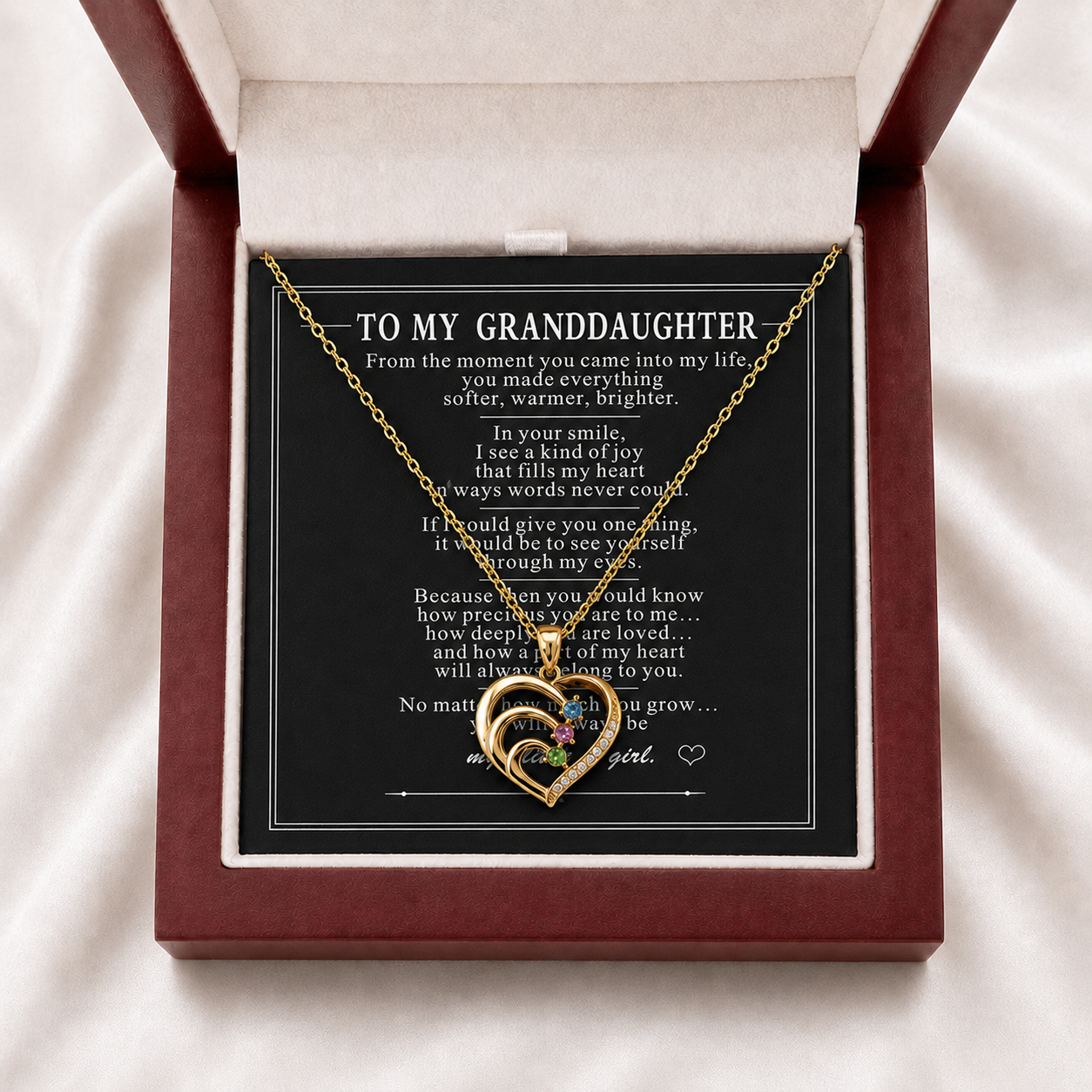 To My Granddaughter Three-Stone Family Heart Necklace