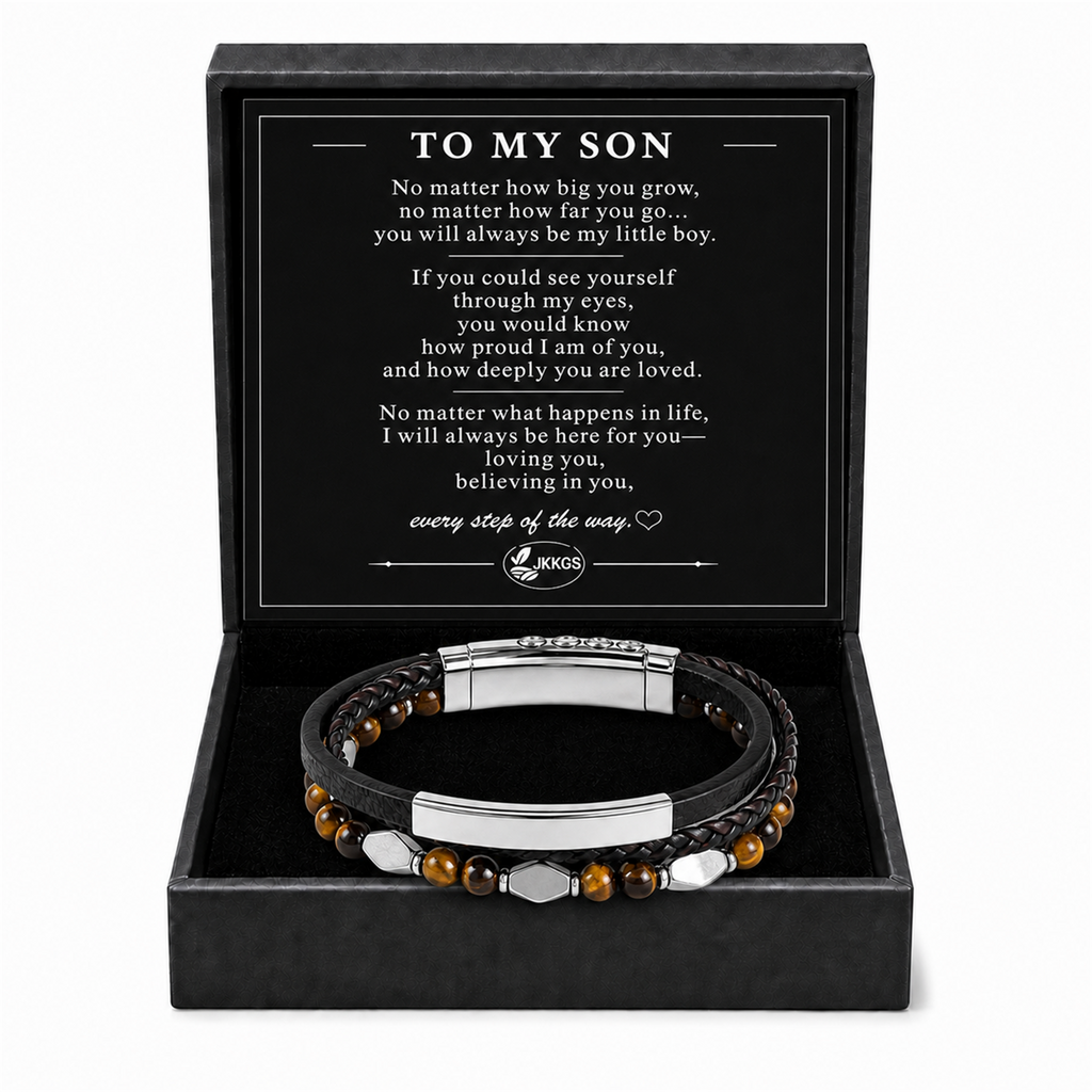 To My Son Guiding Light Engraved Stone Bead Bracelet