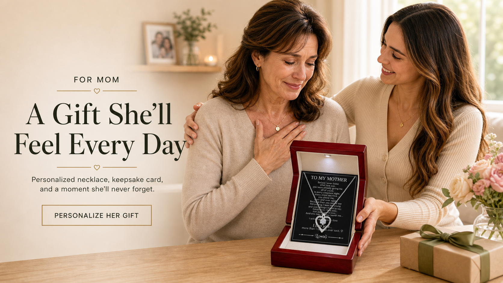 Open jewelry gift box with gold necklace and message card
