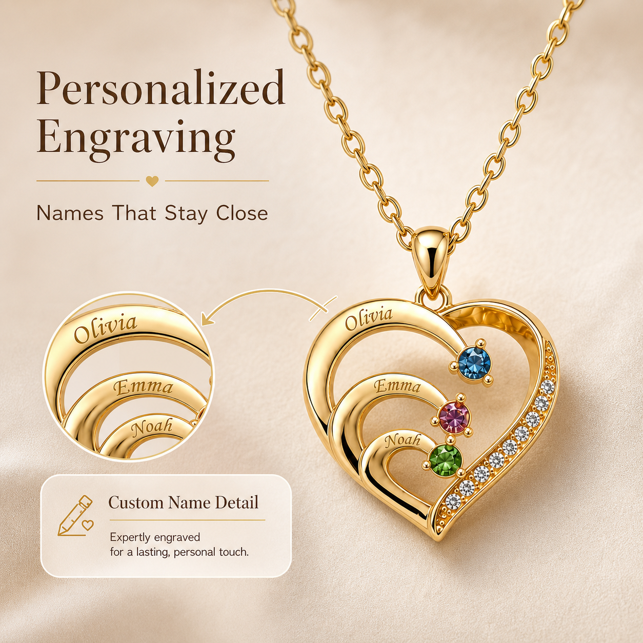 To My Daughter Three-Stone Family Heart Necklace