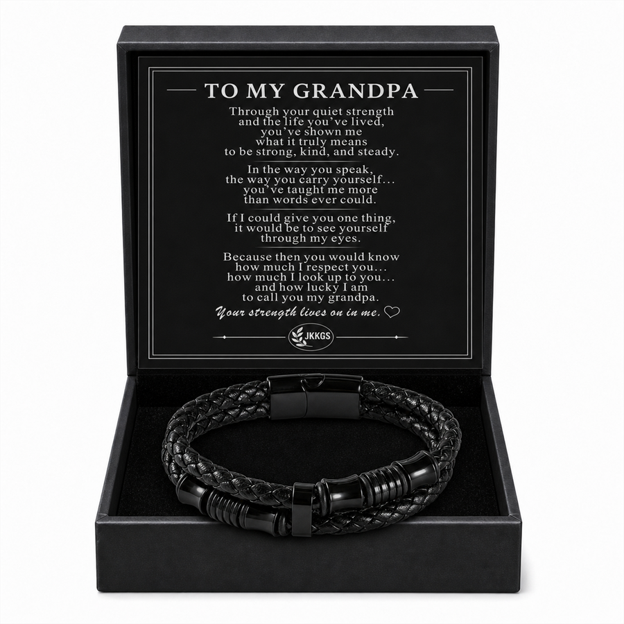 To My Grandpa - Black Braided Leather Bracelet
